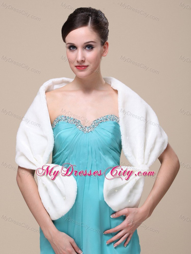 Faux Fur Special Occasion / Wedding Shawl In Ivory With V-neck